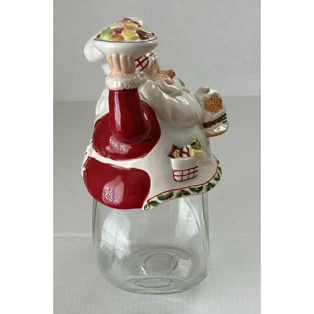 Santa Claus Cookie Jar With Clear Glass Base And Ceramic Santa On Top 12” Tall